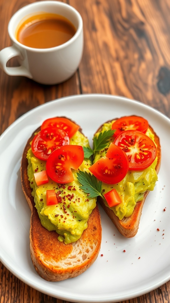 Two slices of avocado toast topped with tomatoes and herbs on a rustic table.
